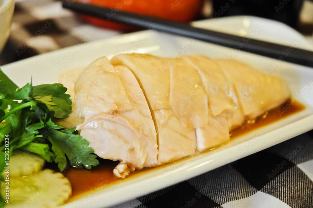 Authentic Hainanese Chicken steamed in soy sauce