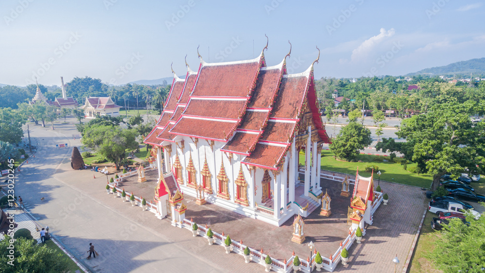 aerial view pagoda of Chalong temple Phuket Thailand this temple know well for tourist The Grand Pagoda dominating the temple contains a splinter of Lord Buddha's bone and is officially