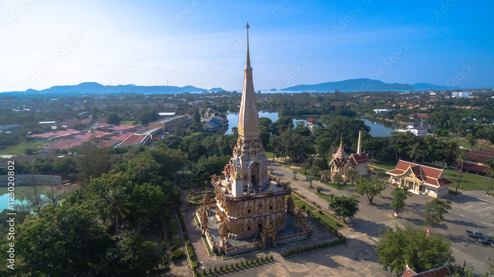 aerial view pagoda of Chalong temple Phuket Thailand this temple know well for tourist The Grand Pagoda dominating the temple contains a splinter of Lord Buddha's bone and is officially