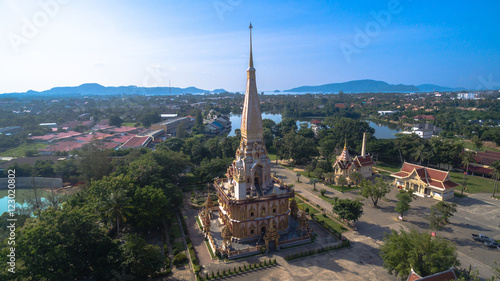aerial view pagoda of Chalong temple Phuket Thailand this temple know well for tourist The Grand Pagoda dominating the temple contains a splinter of Lord Buddha's bone and is officially