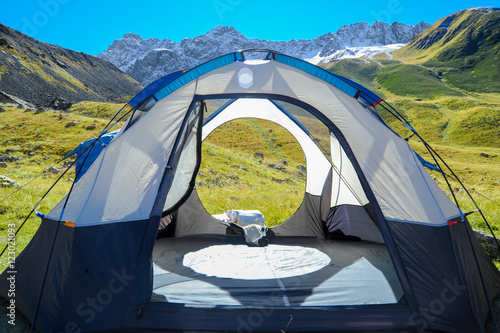 tent in the middle of caucasus mountains, Juta Georgia. sunny weather