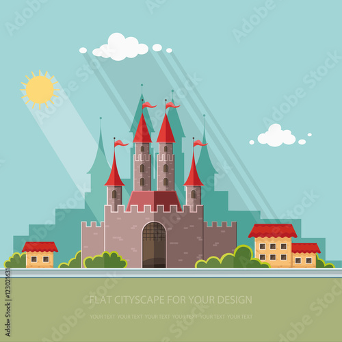 Medieval castle in Western Europe, on the background of the city