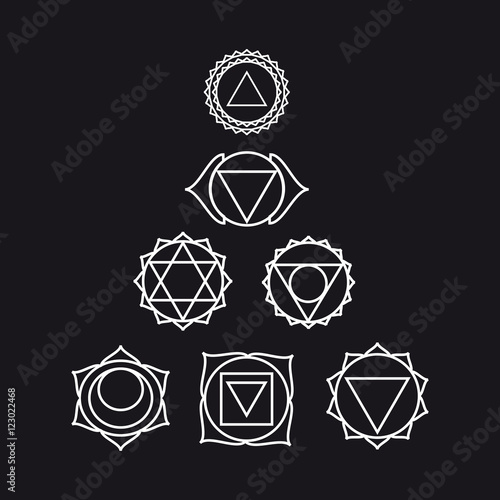  Seven human chakras, vector illustration, black and white color
