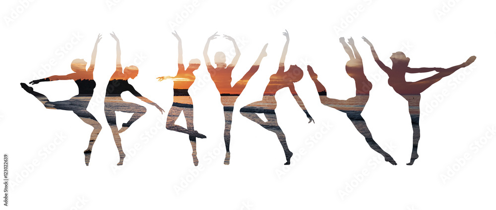 Fototapeta premium Double exposure of ballet dancers silhouette and seascape sunset