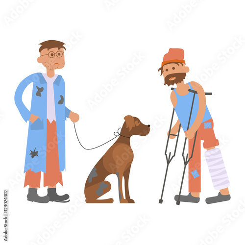 Tramp person with homeless dog in dirty ragsand and Hungry man with leg in a plaster cast, to use crutches. Isolated characters for infographic. Vector illustration eps10