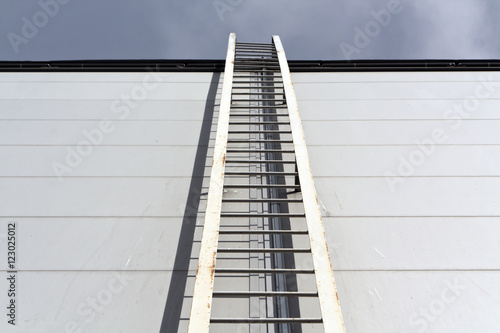 Metal ladder on grey industrial building.