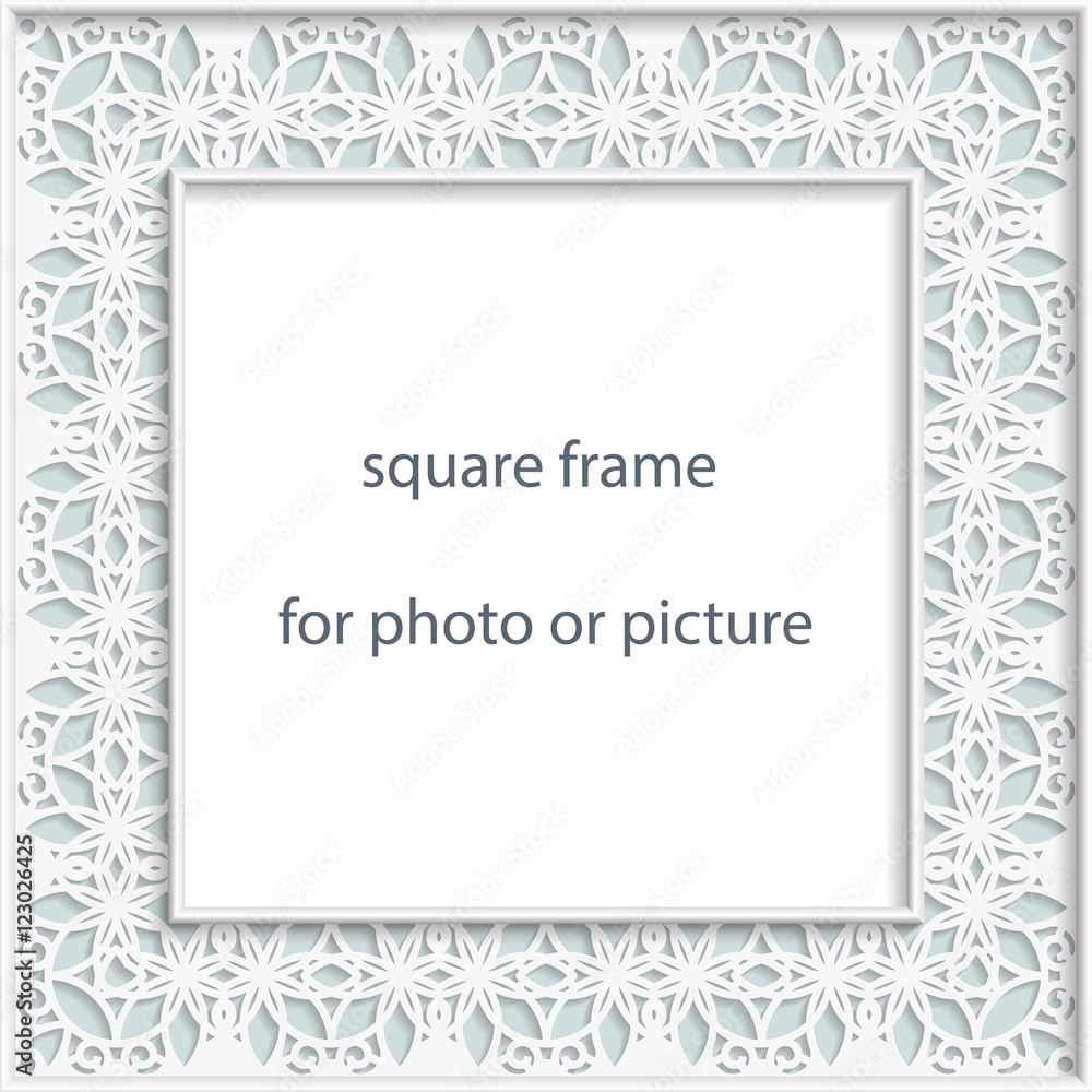 3D Vector bas-relief square frame for photo or picture, vintage vignette with openwork border, festive pattern, gift template. 3D Vector bas-relief square frame for photo or picture, vintage vignette with openwork border, festive pattern, gift template.