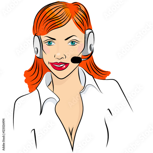 Vector illustration of smiling cute woman working as telephone operator