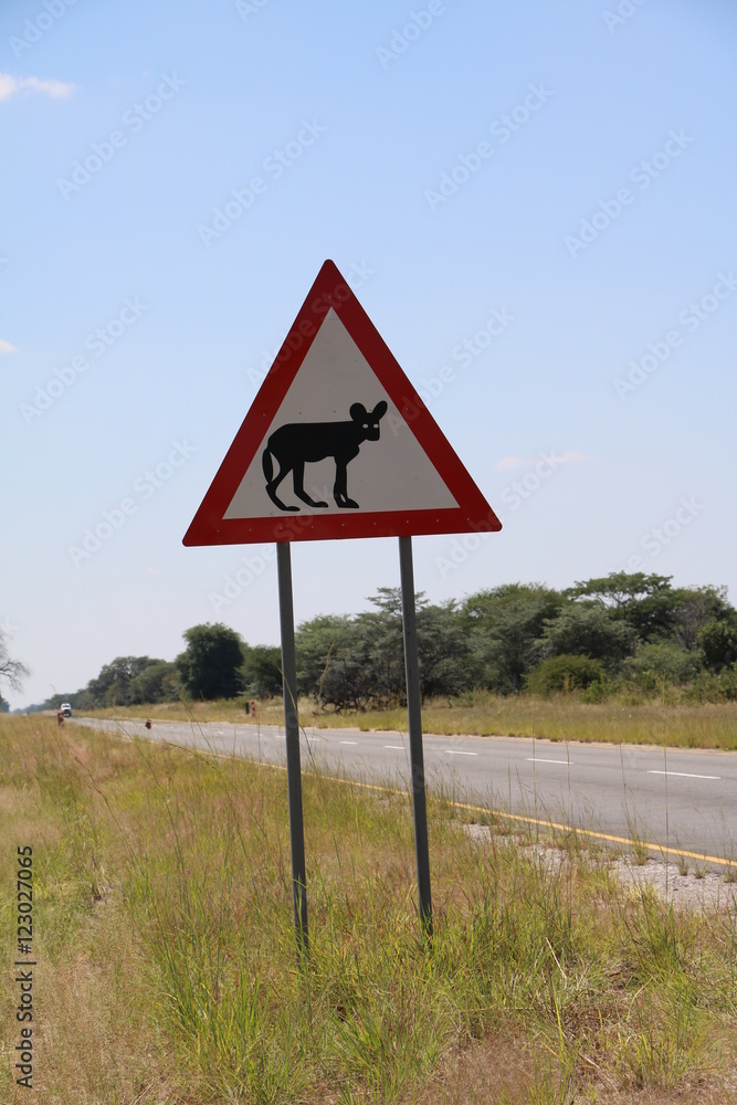 Traffic Sign Warning Hyena dog, Namibia Africa Traffic Sign Warning Hyena dog, Namibia Africa