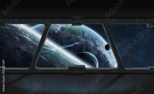 Fototapeta Naklejka Na Ścianę i Meble -  View of outer space from the window of a space station 3D render