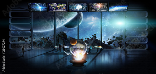 Fototapeta Naklejka Na Ścianę i Meble -  Group of scientists observing the solar system 3D rendering elem