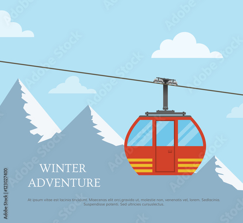 The concept of active rest for the Christmas holidays. Winter landscape, mountains and cableway. Template invitation skiing and snowboarding in a flat style. Vector illustration.