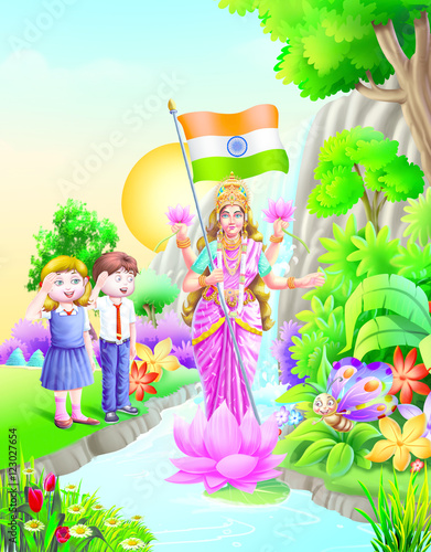 Kids near Indian goddess