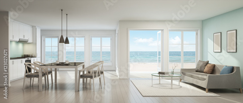 Sea view living room, dining room and kitchen, Beach house - 3D rendering © terng99