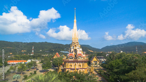 aerial view pagoda of Chalong temple Phuket Thailand this temple know well for tourist The Grand Pagoda dominating the temple contains a splinter of Lord Buddha's bone and is officially © Narong Niemhom