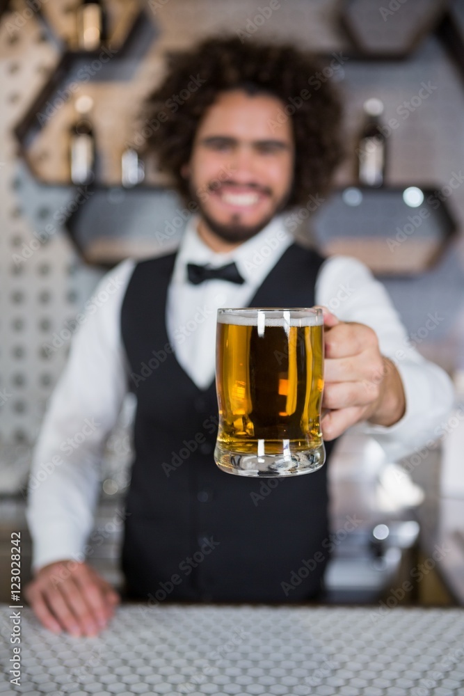 Bartender holding glass of beer in bar counter