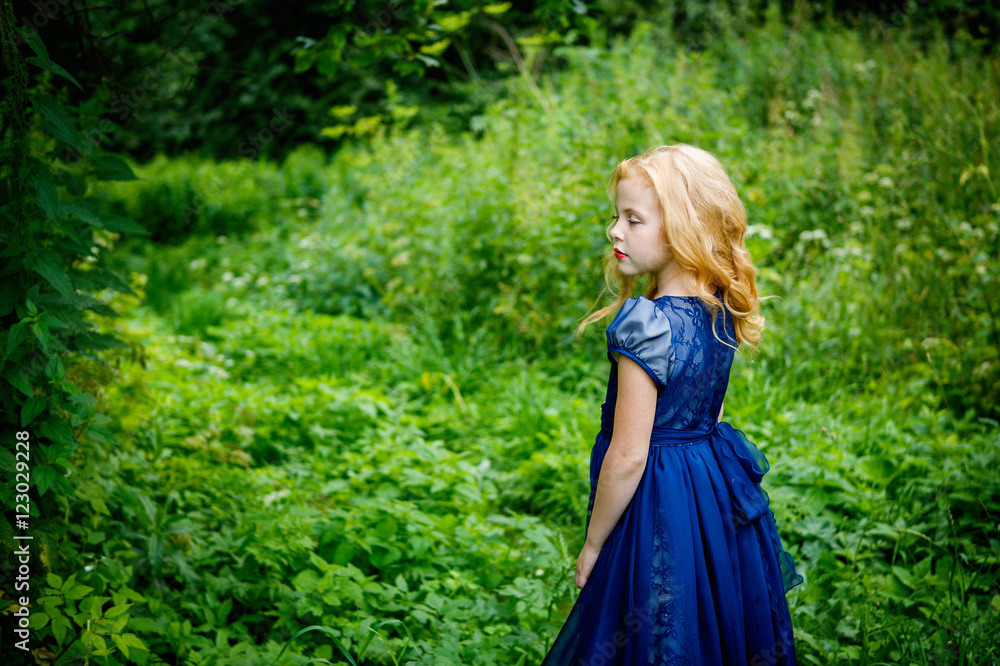 Portrait of beautiful little girl in the blue dress on the nature Portrait of beautiful little girl in the blue dress on the nature