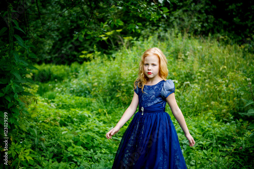 Portrait of beautiful little girl in the blue dress on the nature