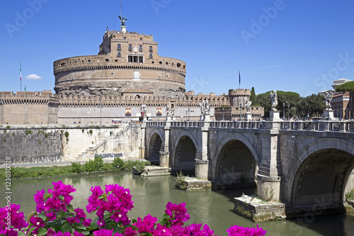 Saint Angel Castle and bridge over the Tiber river in Rome, Italy 