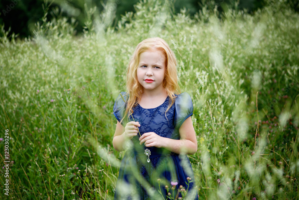 Portrait of beautiful little girl in the blue dress on the nature Portrait of beautiful little girl in the blue dress on the nature