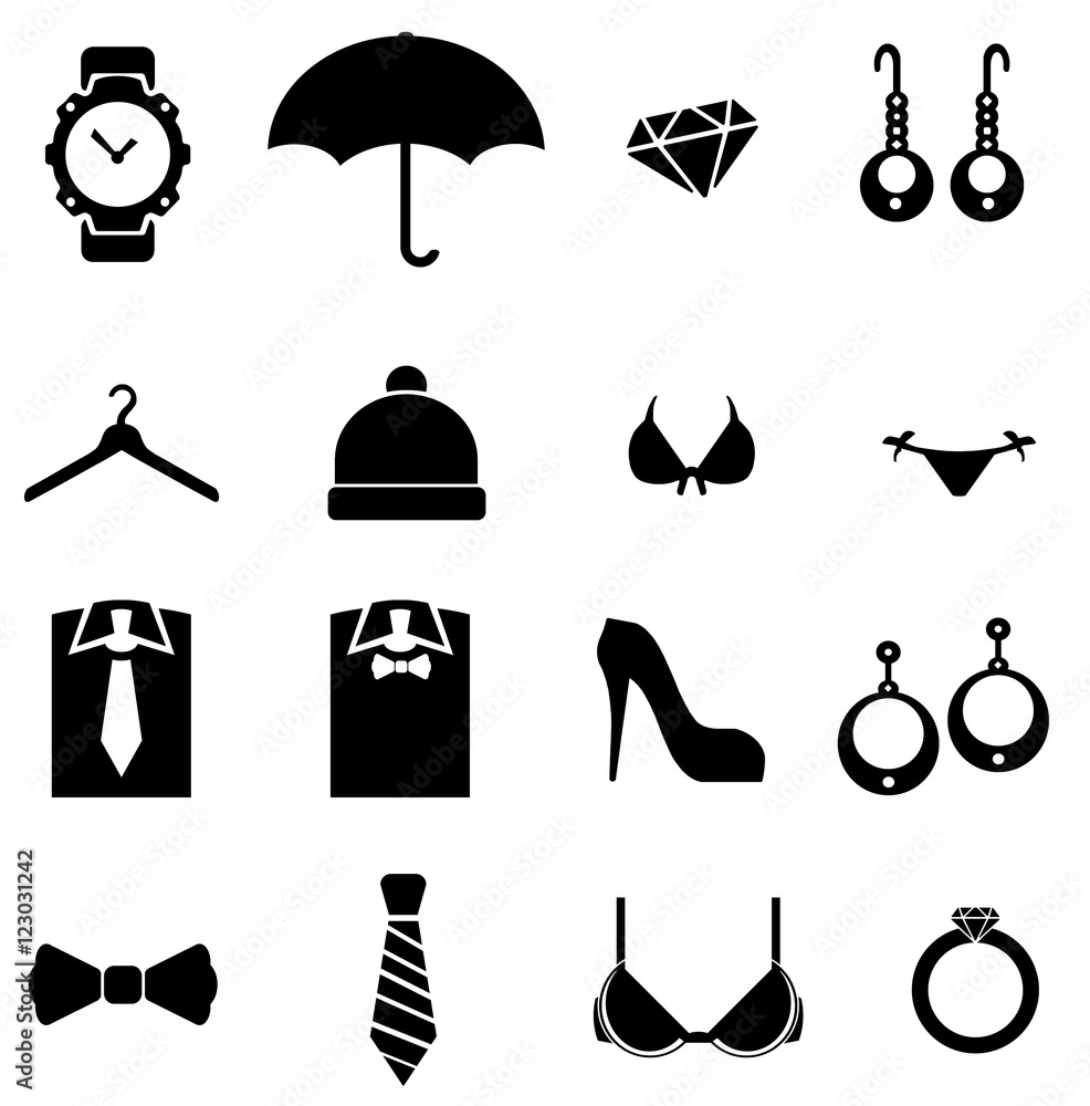 Vêtements, mode et accessoires en 16 icônes Stock Illustration | Adobe Stock