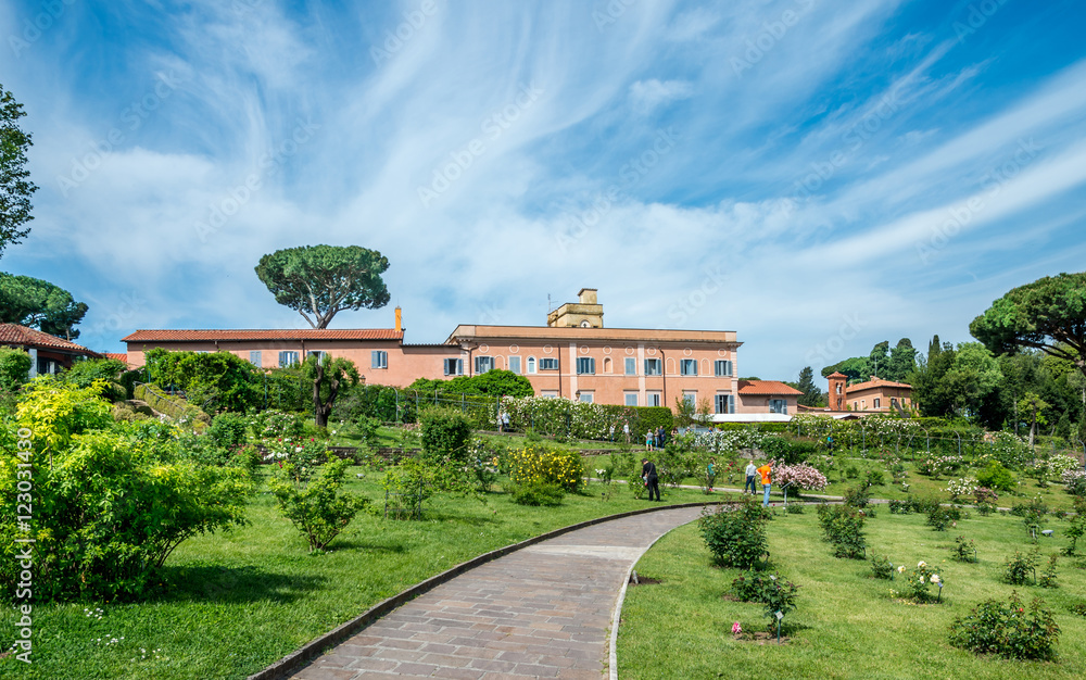 Landscape of Rose Garden at Aventine hill in Rome, Italy.