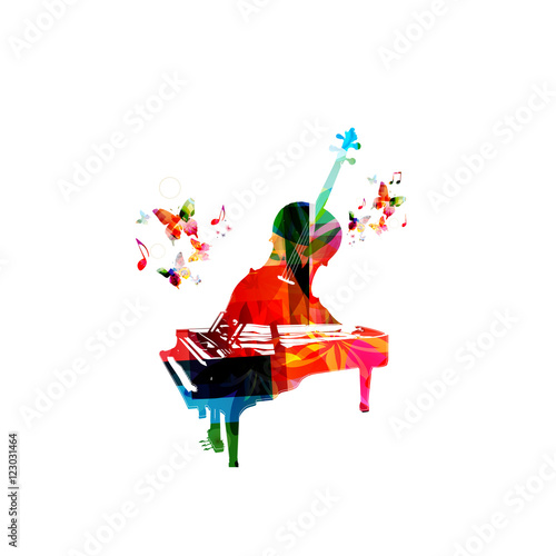 Creative music concept vector illustration, colorful piano and violoncello, music instruments with music notes. Design for poster, brochure, music concert, festival, music shop, music style template