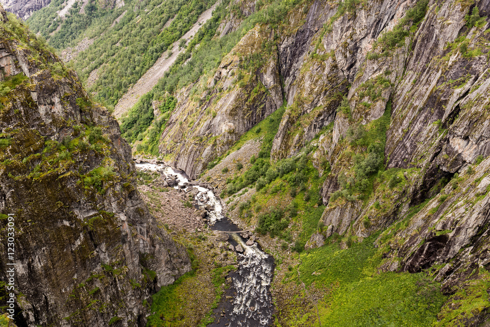 River down the Voringfossen waterfall in Hordaland, Norway