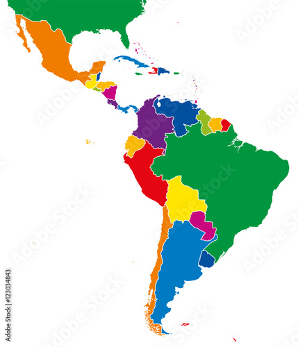 Latin America single states map. All countries in different full intense colors and with national borders. From northern border of Mexico to the southern tip of South America, including the Caribbean.