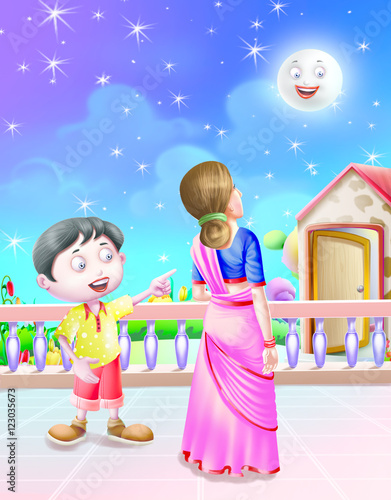 Mother and son looking moon
