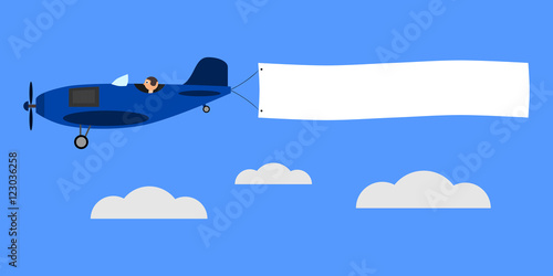 Blue airplane with banner for text. Vintage plane with pilot is flying above clouds. Isolated vector illustration. photo
