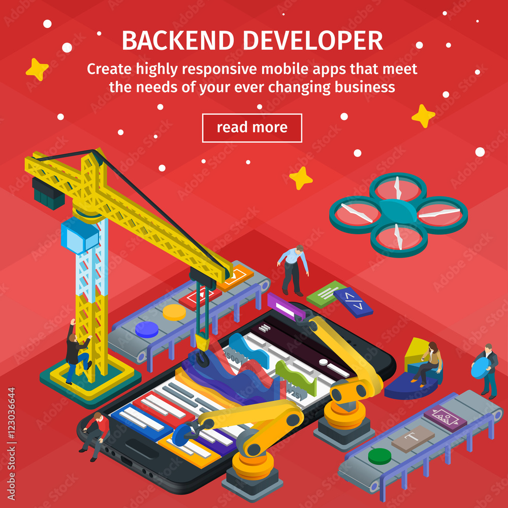Developing mobile applications flat 3d isometric style. People w Developing mobile applications flat 3d isometric style. People w