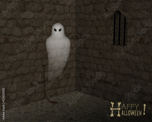 Halloween ghost in dungeon with torture chains photo