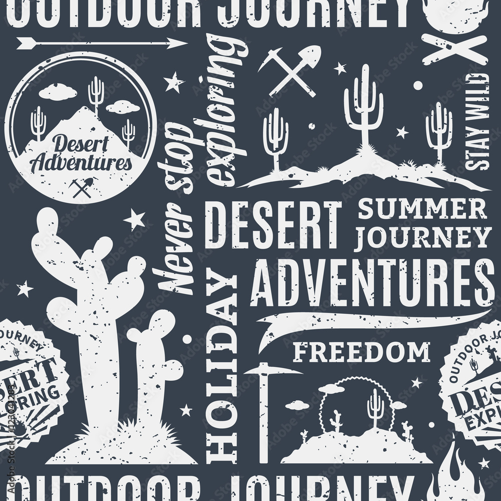 Typographic vector desert adventures seamless pattern