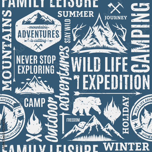 Typographic vector mountain and outdoor adventures pattern