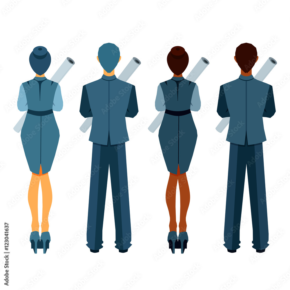 Businesswomen and businessmen from behind with roll of paper.