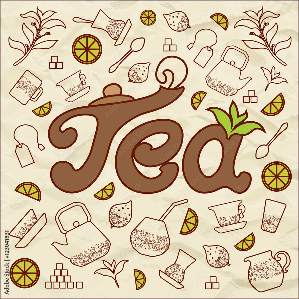 Composition about tea with lettering and icons.