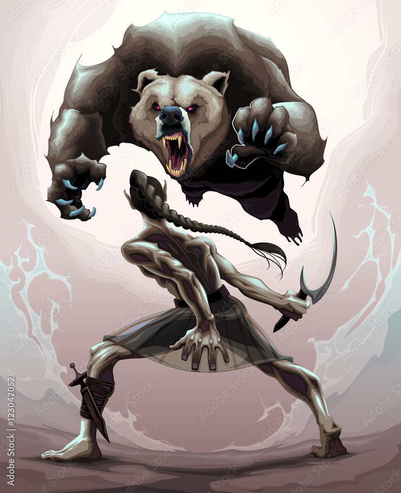 Fototapeta premium Battle scene between an elf and an angry bear