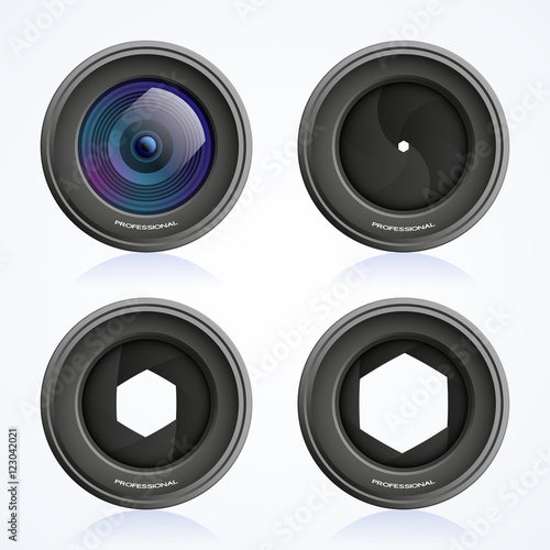 Shutter apertures, camera objective set, lens, vector illustration