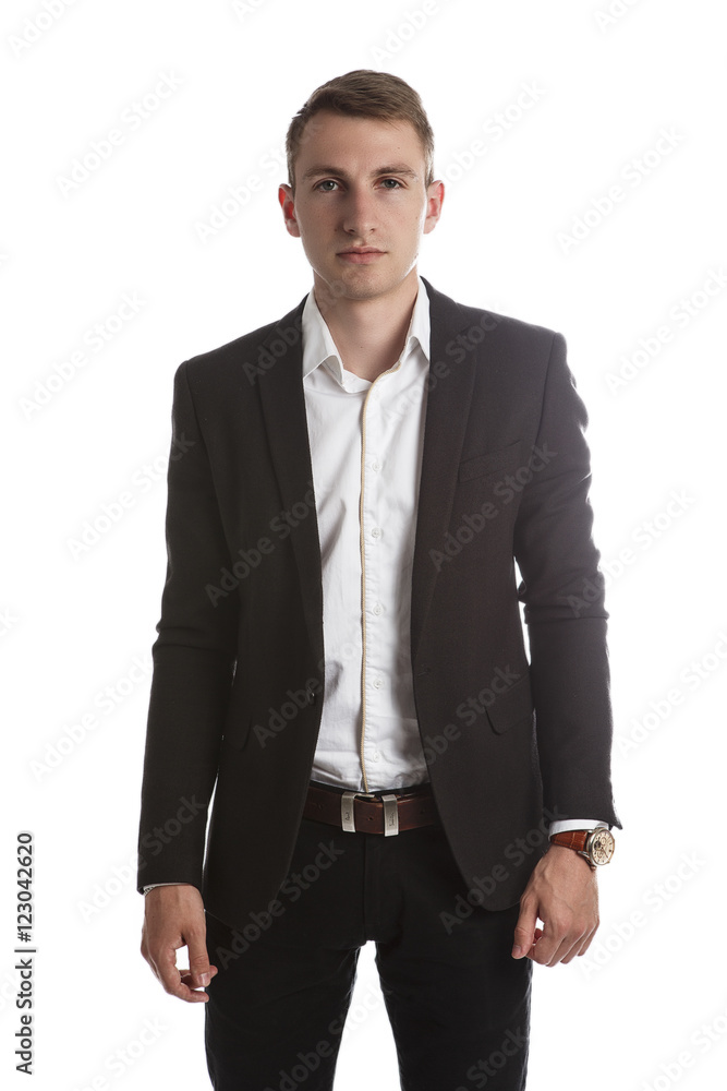 Portrait of handsome young man in a suit jacket in Studio on white isolated background Portrait of handsome young man in a suit jacket in Studio on white isolated background