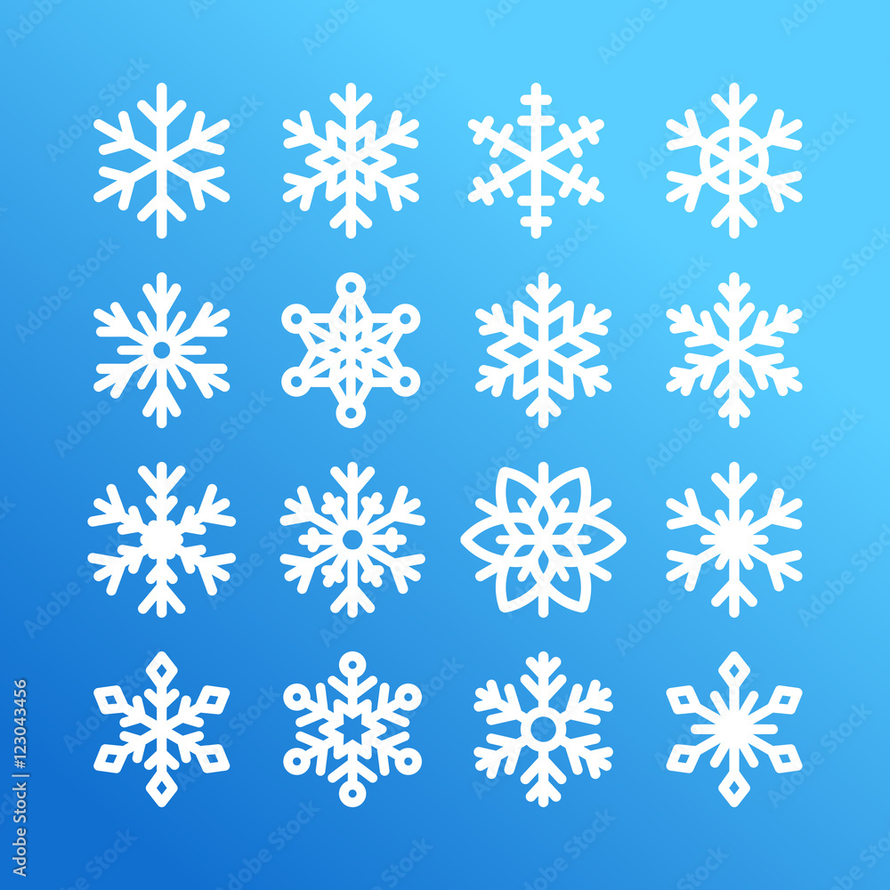 Cute snowflake collection isolated on blue background. Flat snow icons, snow flakes silhouette. Nice element for christmas banner, cards. New year ornament. Organic and geometric snowflakes set. Cute snowflake collection isolated on blue background. Flat snow icons, snow flakes silhouette. Nice element for christmas banner, cards. New year ornament. Organic and geometric snowflakes set.