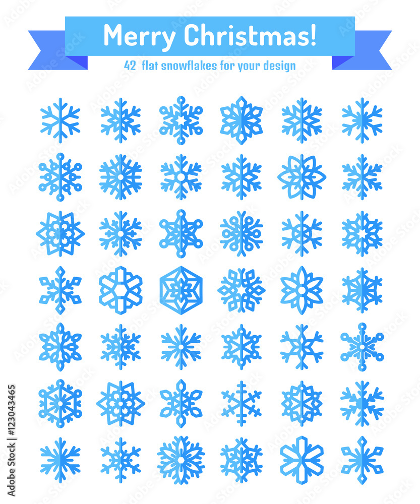 Cute snowflake collection isolated on white background. Flat snow icons, snow flakes silhouette. Nice element for christmas banner, cards. New year ornament. Organic and geometric snowflakes set.