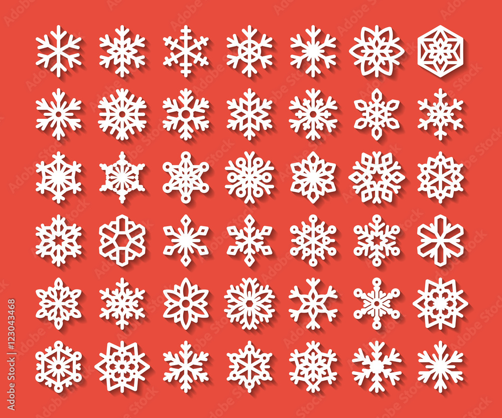 Cute snowflake collection isolated on red background. Flat snow icons, snow flakes silhouette. Nice element for christmas banner, cards. New year ornament. Organic and geometric snowflakes set. Cute snowflake collection isolated on red background. Flat snow icons, snow flakes silhouette. Nice element for christmas banner, cards. New year ornament. Organic and geometric snowflakes set.