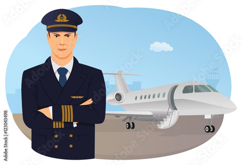 Confident pilot standing in front of private jet on runway. Ready to fly.