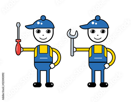 Handyman mechanic characters holding a wrench and a screwdriver.