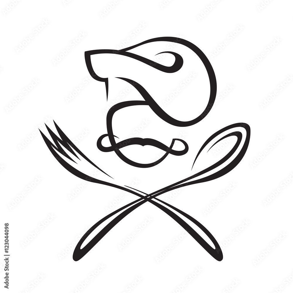 black illustration of spoon, fork and chef black illustration of spoon, fork and chef