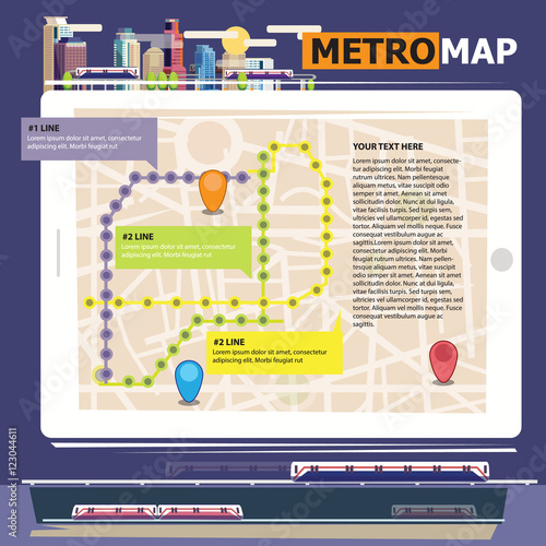 Metro scheme, railway transport and city bus map with city backg