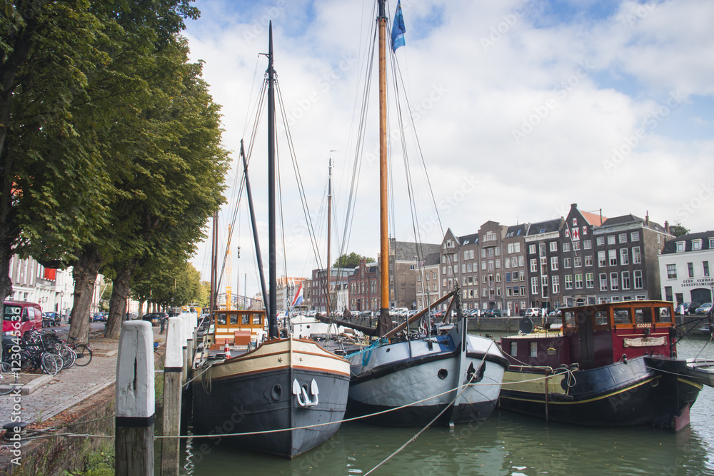 Boats on a canal in Dordrecht, Netherlands.