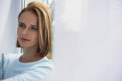 peaceful lady indoors with copy space