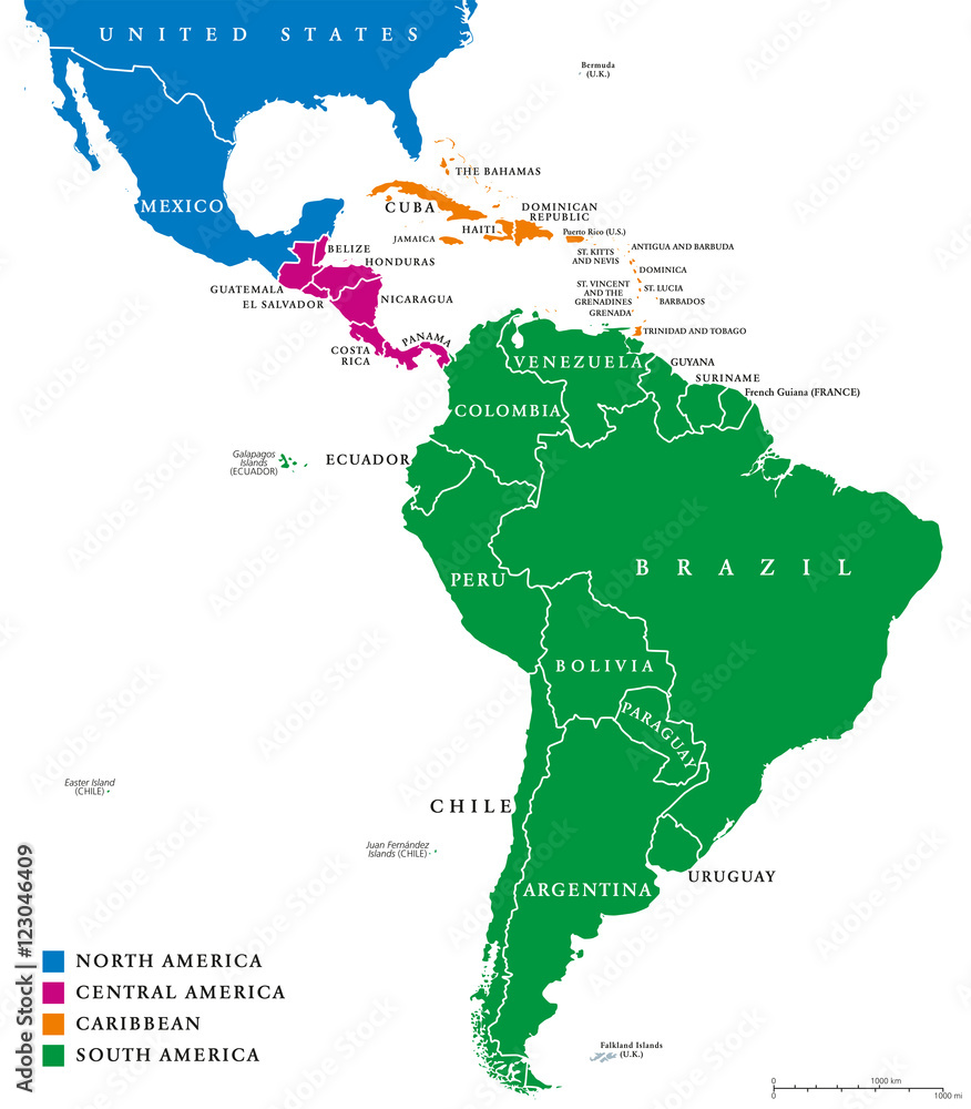 Latin America regions political map. The subregions Caribbean, North, Central and South America in different colors, with national borders and English country names. Illustration on white background.